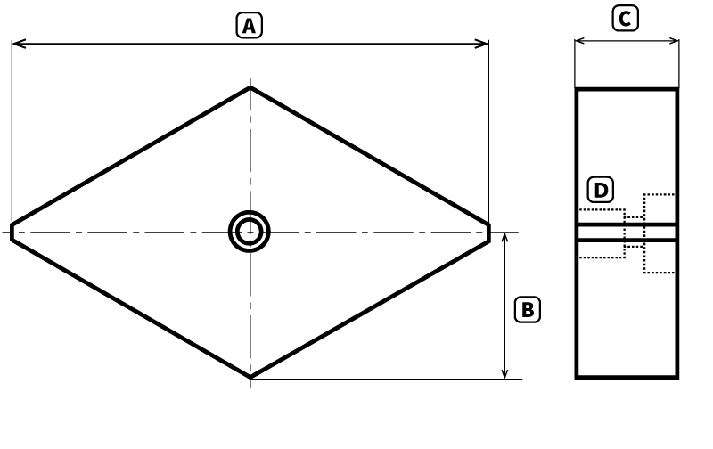 ひし型生爪の図。変形や歪みを防ぐため、把握範囲を広くとれる生爪